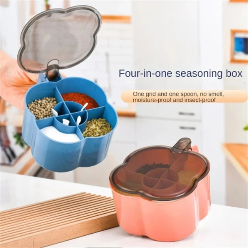 4 Grids Kitchen Spices Storage Box With Spoons Air Tight Cooking Seasoning Box S