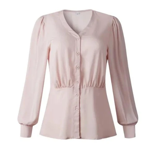 Solid Button Front V Neck Blouse, Elegant Lantern Sleeve Blouse, Women's Clothin