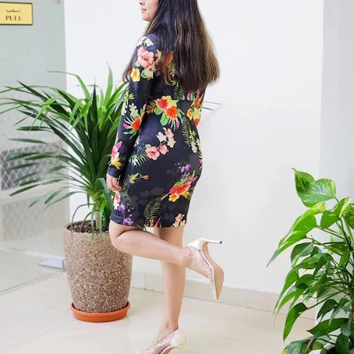 Women Floral Abstract Long Sleeve Ruched V-Neck Bodycon Mini Dress