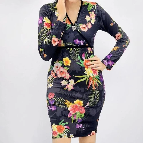 Women Floral Abstract Long Sleeve Ruched V-Neck Bodycon Mini Dress
