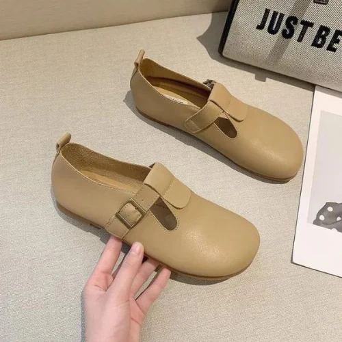 New Women Flats T-Strap Leather Shoes for Women Oxford Shoes Comfortable Buckle
