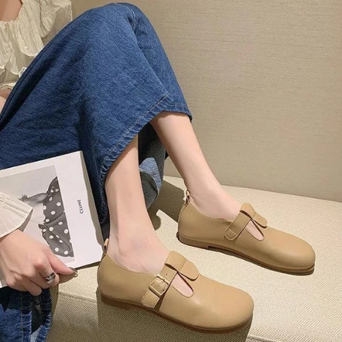 New Women Flats T-Strap Leather Shoes for Women Oxford Shoes Comfortable Buckle