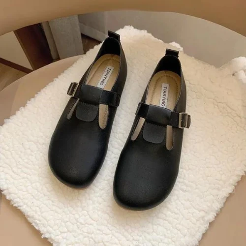 New Women Flats T-Strap Leather Shoes for Women Oxford Shoes Comfortable Buckle