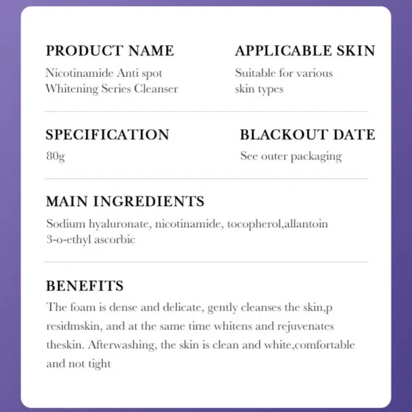 Skin Care Deep Cleanser Moisturizing Lightening Skin Gentle Nicotinamide Antispo