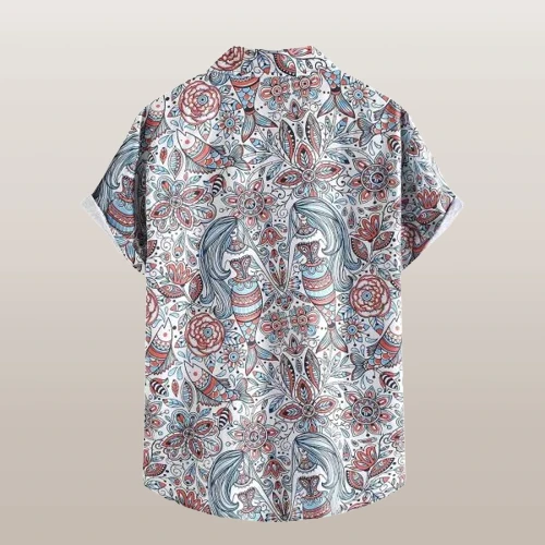 Floral Multi Printed Boho Style Roll-Up Short Sleeves Button-Up Men Beach Shirt