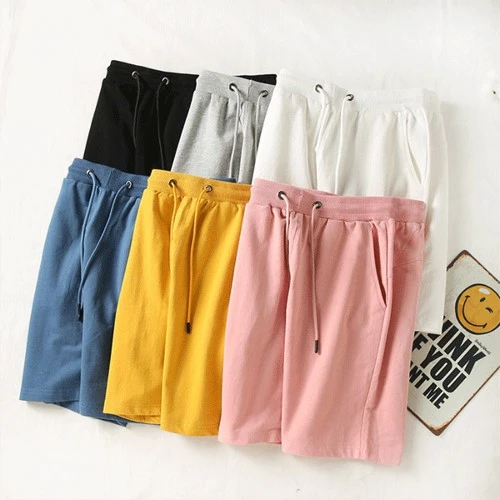 Black Color Elastic Waist Drawstring Closure Casual Wear Joggers Cotton Shorts F