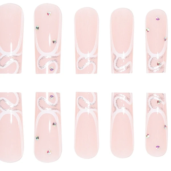 Crystal White Fake Nails Set 24 High-Quality Long Square Design Nails Stunning C