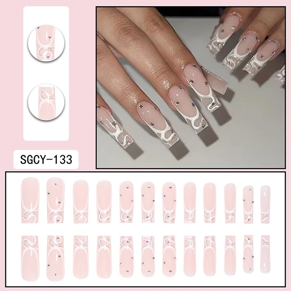 Crystal White Fake Nails Set 24 High-Quality Long Square Design Nails Stunning C