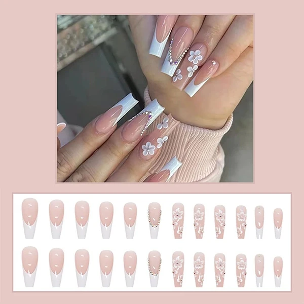 Floral Crystal Decorated Long Square Fake Nails for Women Set of 24