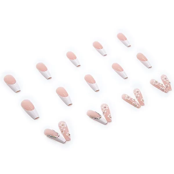 Floral Crystal Decorated Long Square Fake Nails for Women Set of 24