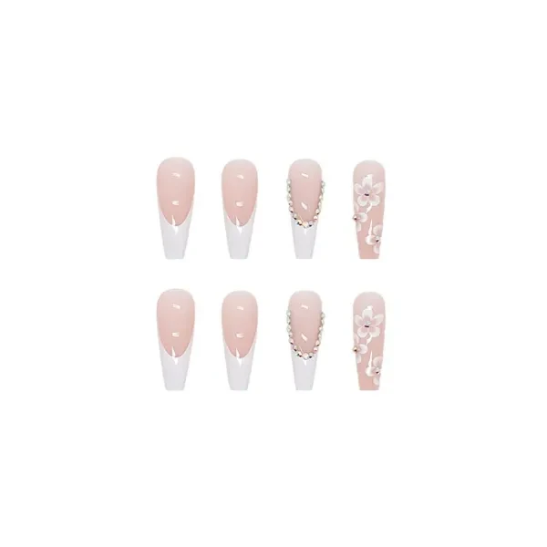 Floral Crystal Decorated Long Square Fake Nails for Women Set of 24