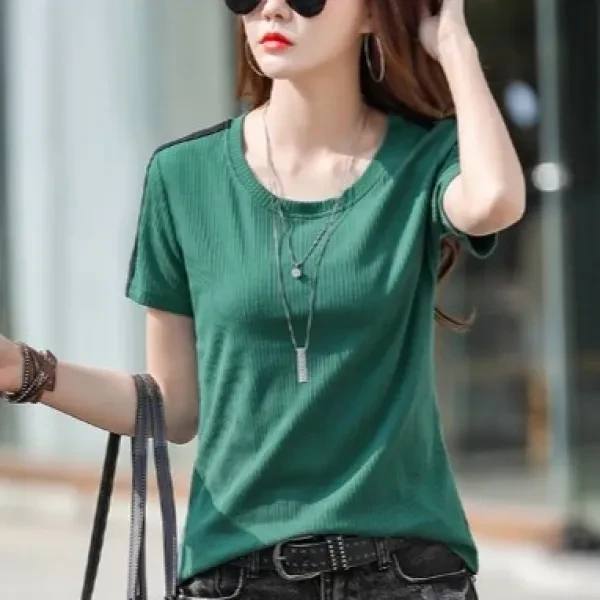 Green Ribbed Pattern Ladies Casual T-Shirt Round Neck Short Sleeves Loose Design