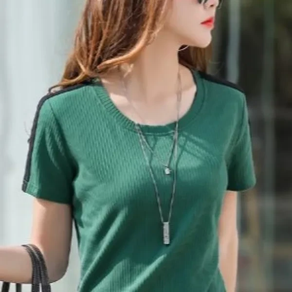 Green Ribbed Pattern Ladies Casual T-Shirt Round Neck Short Sleeves Loose Design