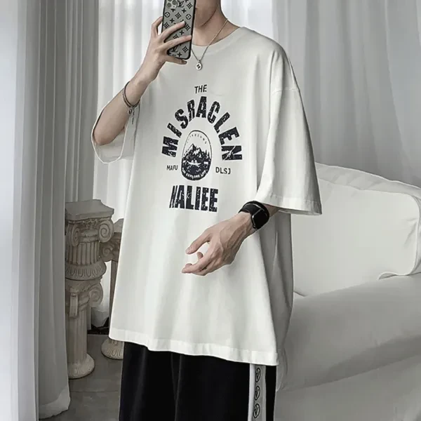 Letters Print Loose Design Half Sleeves Men T-Shirt Versatile Round Neck Casual