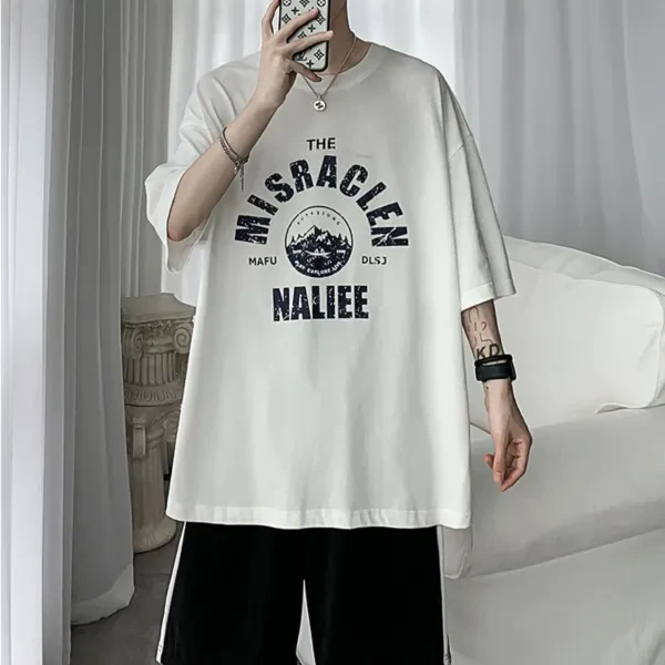 Letters Print Loose Design Half Sleeves Men T-Shirt Versatile Round Neck Casual