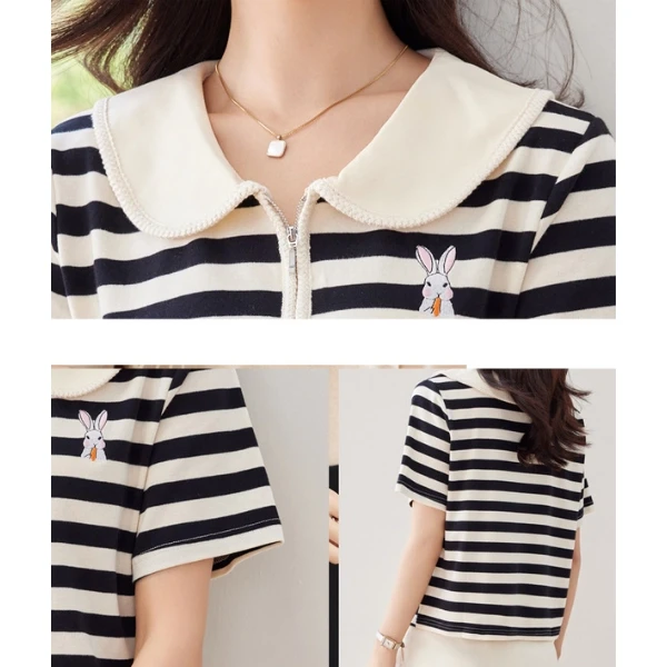 High Quality French Collar Striped Summer T-Shirt With Lapel, Rabbit Embroidery,