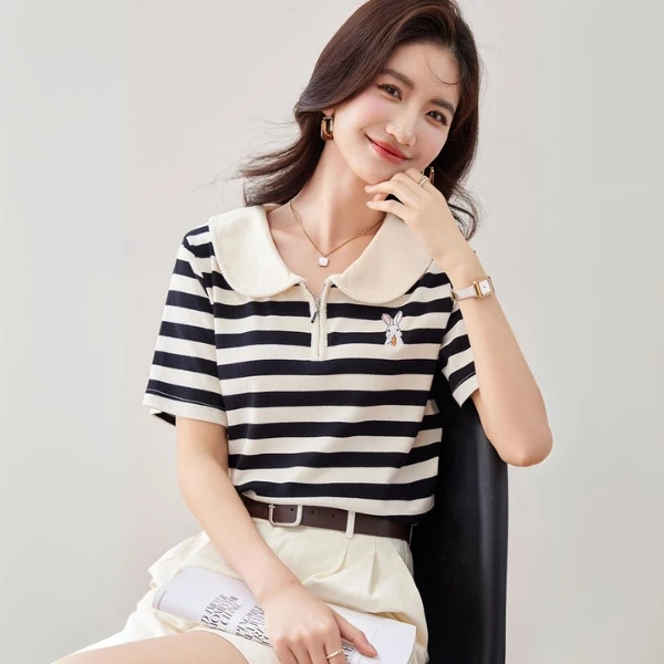 High Quality French Collar Striped Summer T-Shirt With Lapel, Rabbit Embroidery,