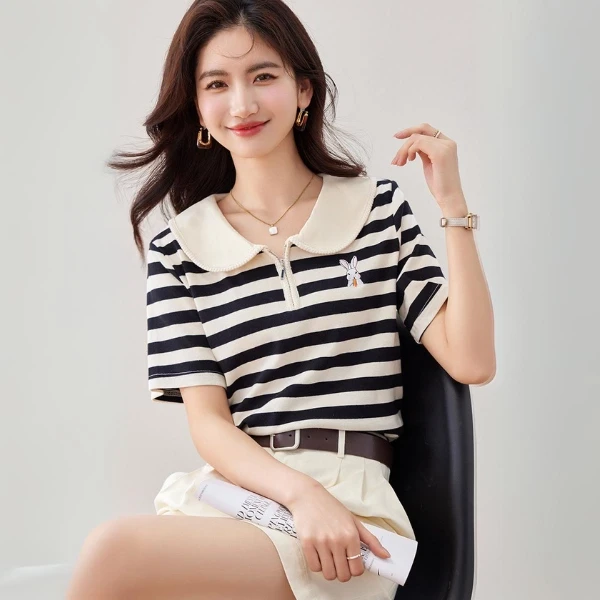 High Quality French Collar Striped Summer T-Shirt With Lapel, Rabbit Embroidery,