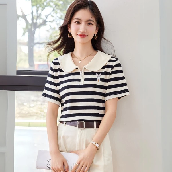 High Quality French Collar Striped Summer T-Shirt With Lapel, Rabbit Embroidery,