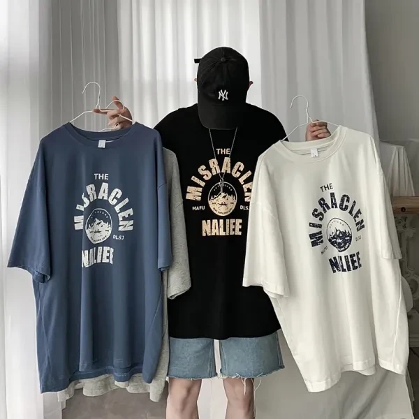 Letters Print Loose Design Half Sleeves Men T-Shirt Versatile Round Neck Casual