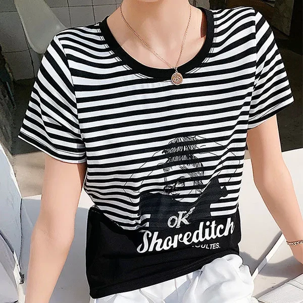 Stripes Letter Pattern Soft Fabric Crew Neck Short Sleeves Casual Wear T-Shirt