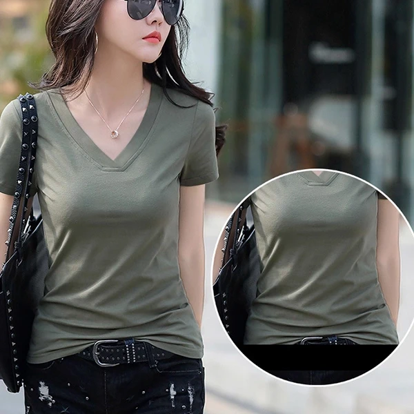 Light Green Plain Color V Neck Short Sleeves Soft Fabric Summer Casual Wear T-Sh