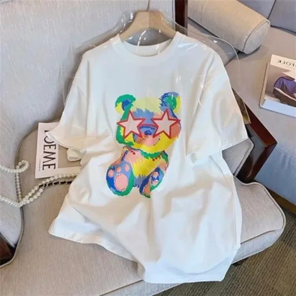 Cute Bear Print Crew Neck Short Sleeves Soft Fabric Casual Wear Women Top T-Shir