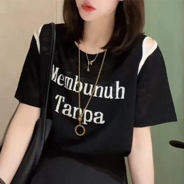 Black Round Neck T-Shirt with Letter Print - Women's Casual Wear