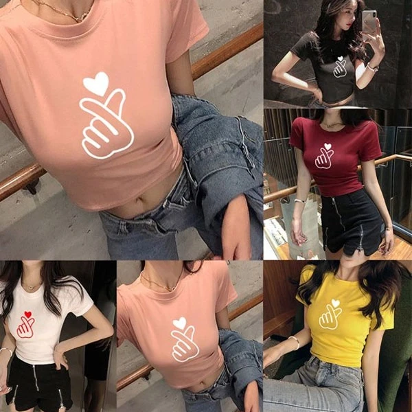 Pink Print Mini Round Neck Short Sleeved Women's T-shirt