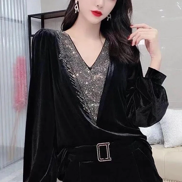 Velvet Puff Sleeves Top | Women's V-Neck Tank | Black