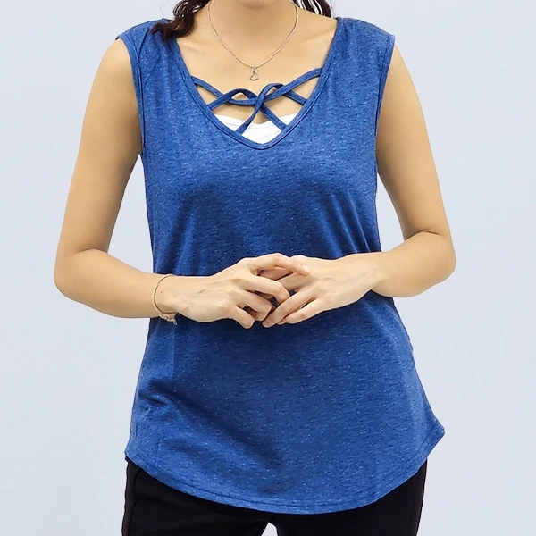 Blue V-Neck Criss Cross Tank Top for Women