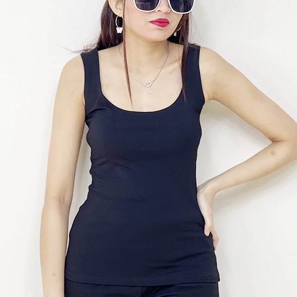 Black Sleeveless Tank Top - Women's Casual Polyester Fitted Blouse (Above Knee)