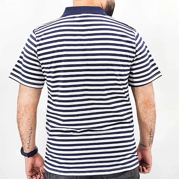 Black and White Striped Polo Shirt with Short Sleeves (Men's)