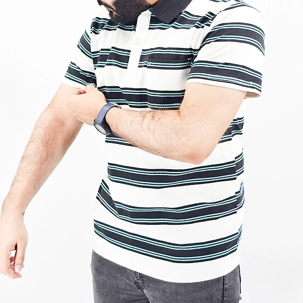 Green Striped Polo Tee for Men - Stylish & Comfortable with Short Sleeves & Shir