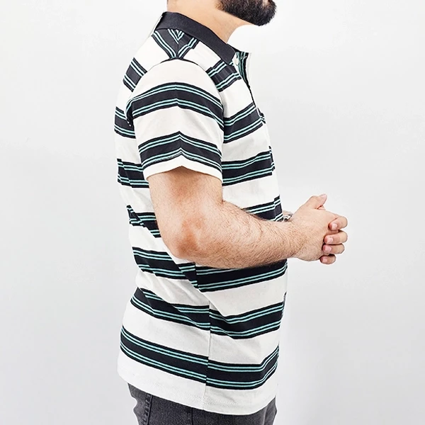 Green Striped Polo Tee for Men - Stylish & Comfortable with Short Sleeves & Shir