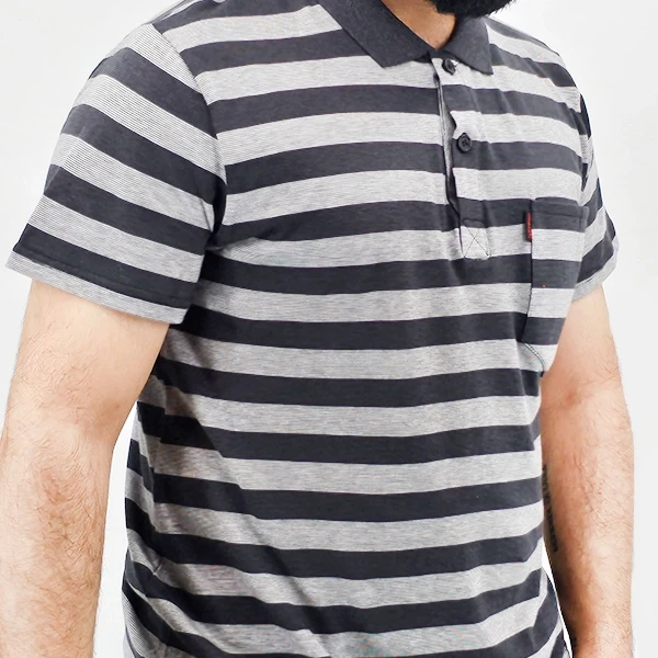 Striped Polo Shirt for Men Summer Fashion Top - Gray Short Sleeves - Casual Wear
