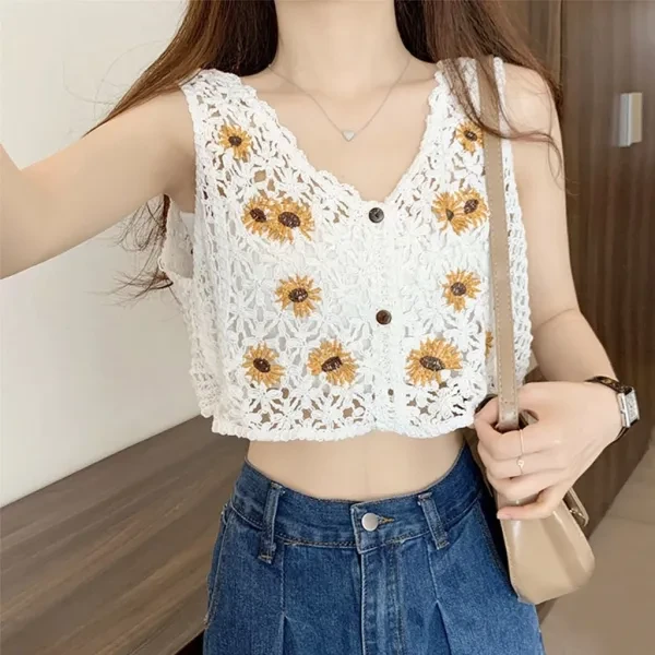 Sunflower Embroidered Cotton Sleeveless Knitted Crop Tops French Style Beach Sum