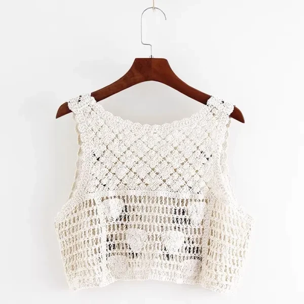 Sunflower Embroidered Cotton Sleeveless Knitted Crop Tops French Style Beach Sum