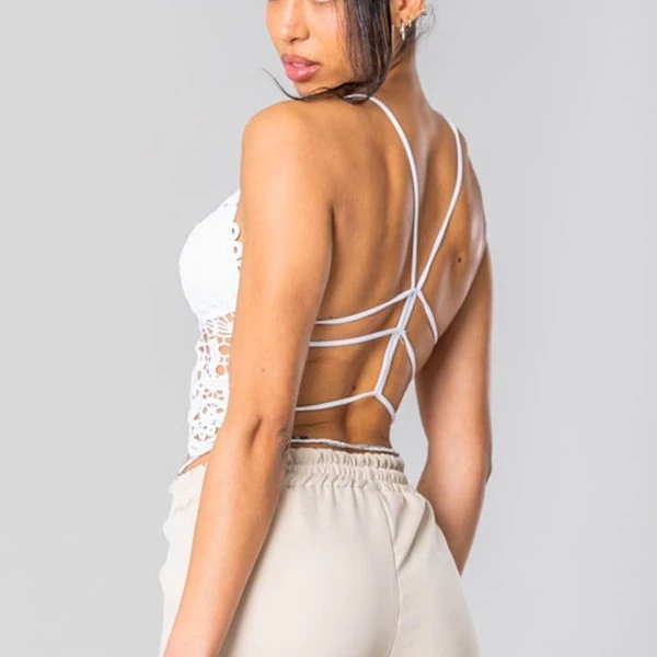 Lace Floral Padded Bra - Hollow Out Design Spaghetti Strap Crop Top for Women