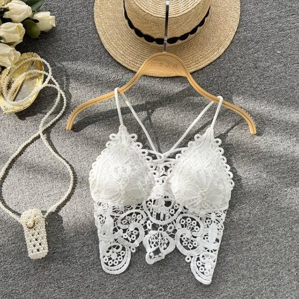 Lace Floral Padded Bra - Hollow Out Design Spaghetti Strap Crop Top for Women