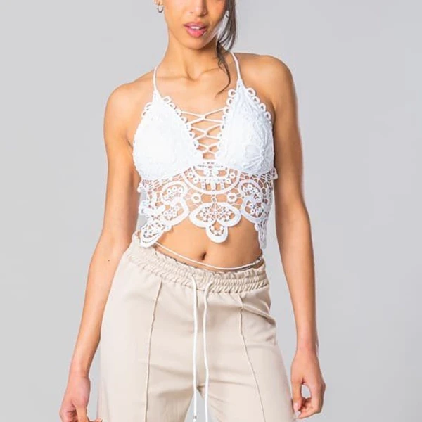 Lace Floral Padded Bra - Hollow Out Design Spaghetti Strap Crop Top for Women