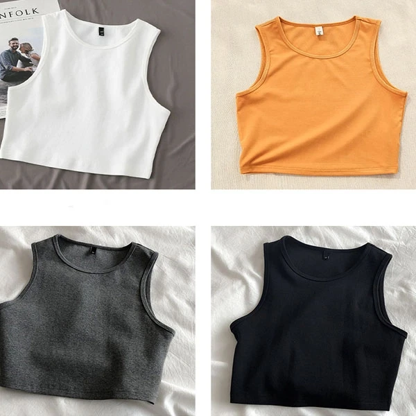 Yellow Cotton Crop Top - Women's Summer Vibes Slim Fit Sleeveless Casual Fashion