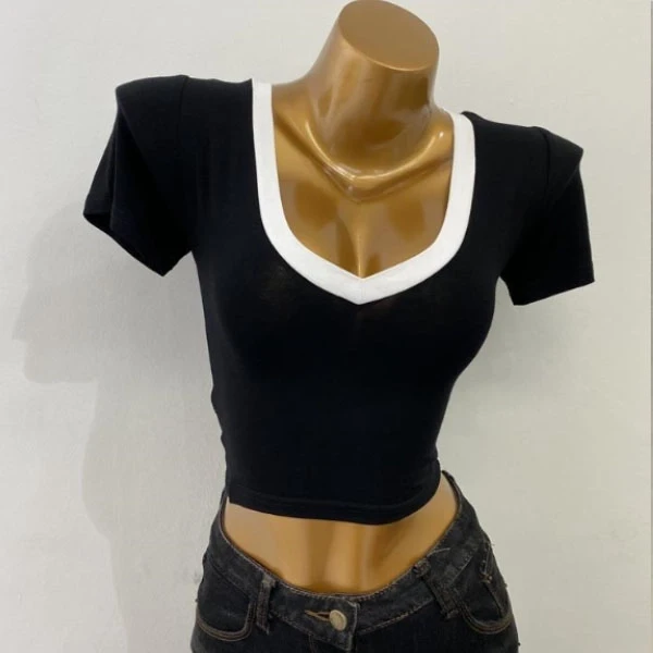 Stylish V-Neck Black Crop Top for Women - Slim Fit Cotton Blend