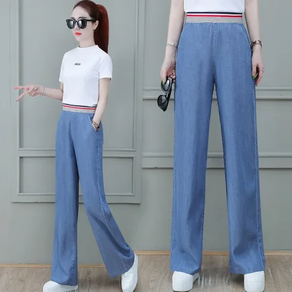 Colorful Stripes Elastic Waist Denim Wide Leg Women Jeans Double Pocket Loose Dr