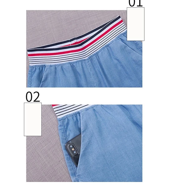 Colorful Stripes Elastic Waist Denim Wide Leg Women Jeans Double Pocket Loose Dr