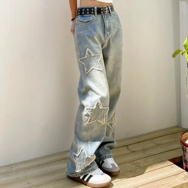 Star Decor High Waist Jeans Korean Style Hip Hop Straight Denim Jeans for Women
