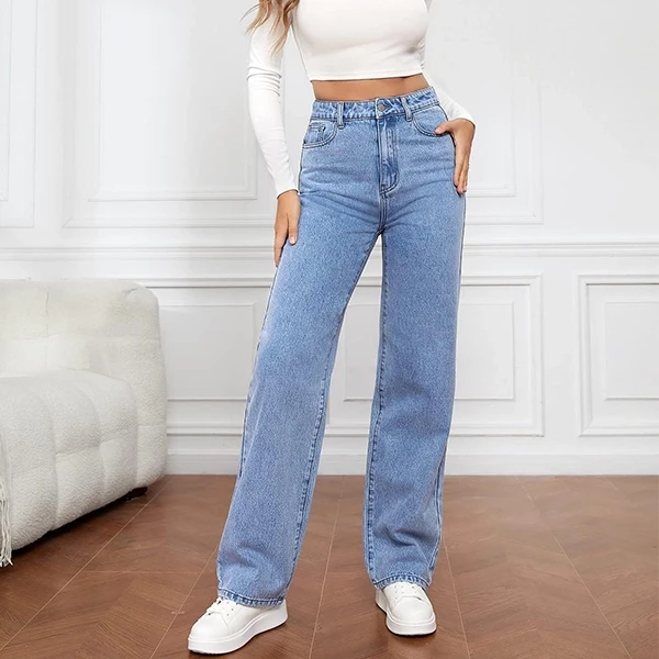 Blue Color High Waist Button Closure Straight Leg Denim Jeans For Women