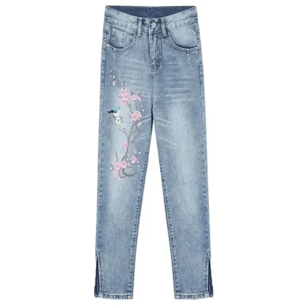 Vintage High Waist Embroidery Split Design Ankle Length Casual Wear Denim Jeans