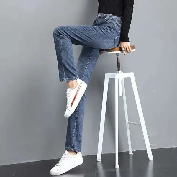 High Waist Blue Denim Jeans with Stitch Details for Women