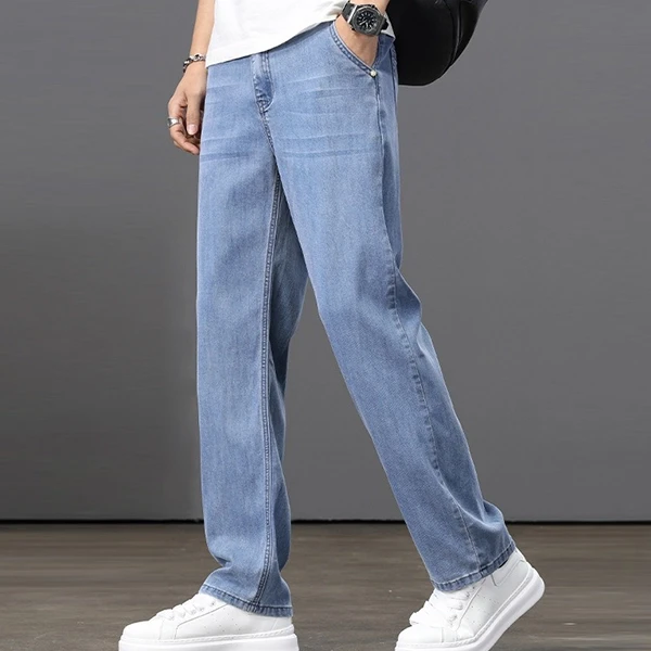 Denim High Waist Button-Up Premium Material Men Casual Wear Straight Style Pants